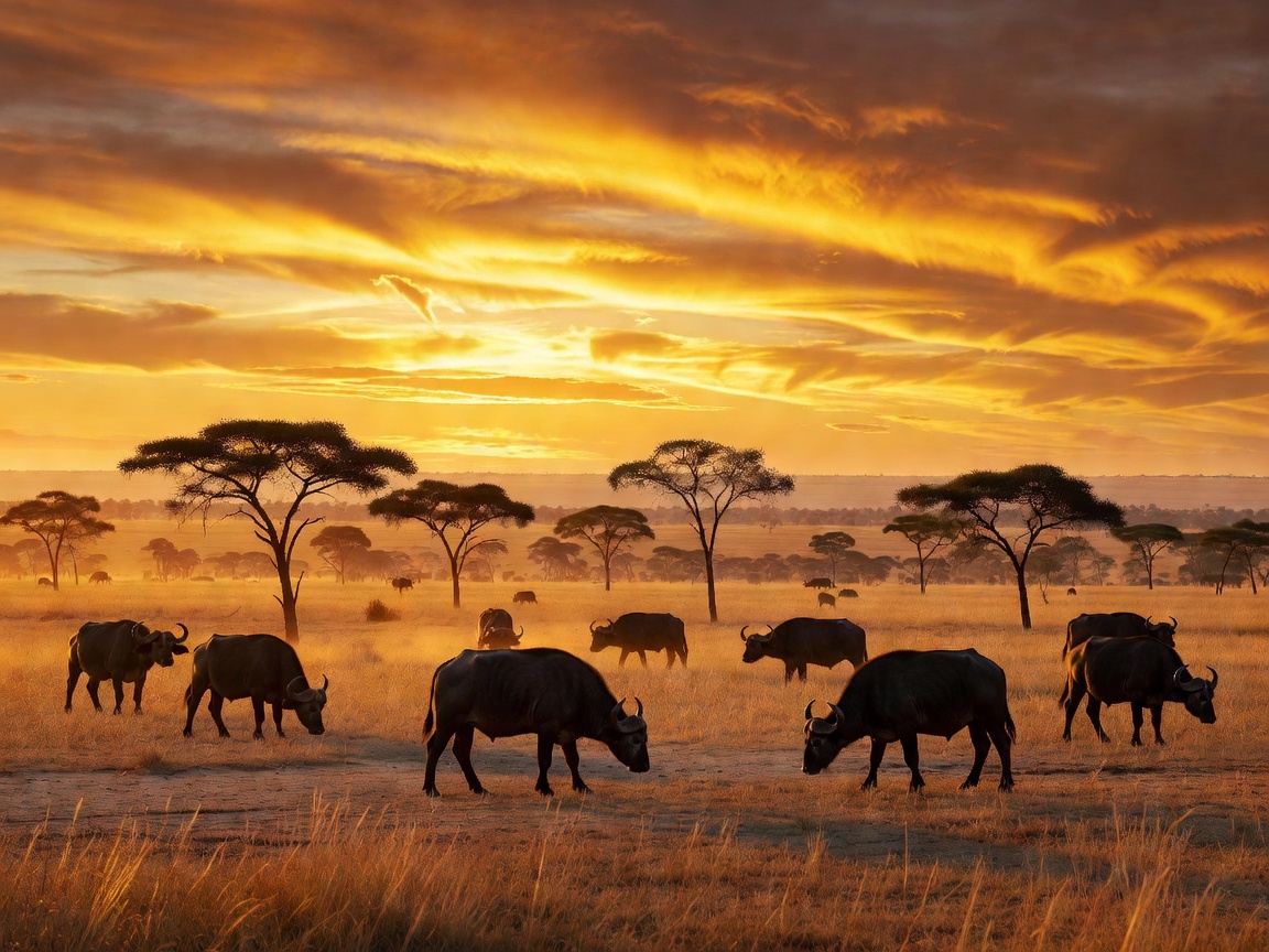 Golden sunset over the African savanna plains with wild buffalo silhouette